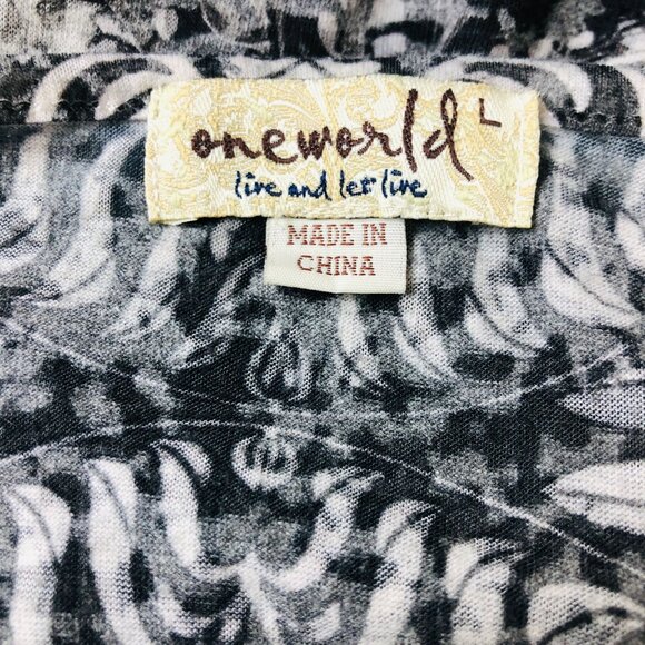 One World Abstract Blouse Sz Large Butterfly Pattern Studded Black White - Picture 2 of 8